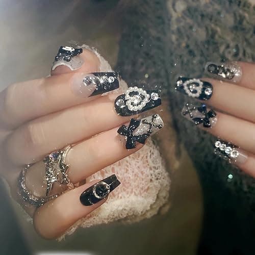 BABALAL Black Press on False Nails Medium Coffin Fake Nails Goth French Tip Glue ons Acrylic Nails Cute Bow Anime Heart Charm Design 24Pcs kawaii Luxury Bling Ballerina Manicure DIY thumbnail 2
