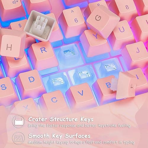 CHONCHOW Pink Gaming Keyboard and Mouse Combo with LED, 104 Keys Wired Light Up Pink Keyboard and Cute Mouse Set for PC Laptop Computer PS4 Xbox, 19 Keys Anti-ghosting, Multimedia Keys, Number Pad thumbnail 7