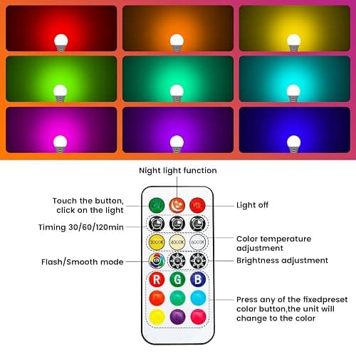 LED Rechargeable Light Bulbs With Remote ＆ Touch Dimmable, E26 Battery Operated Light Bulb for Lamps, RGB 12 Colors, 2600mAh USB battery backup Light Bulb With Timer, A19 Small Light Bulbs 2 Pack thumbnail 3