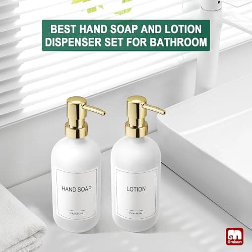 GMISUN White Soap Dispenser, 2 Pack Glass Hand Soap Dispensers Bathroom with Gold Pump, 17 Fl Oz Dish Soap Dispenser Set for Kitchen, Refillable Modern Liquid Soap and Lotion Dispensers Bottle thumbnail 5