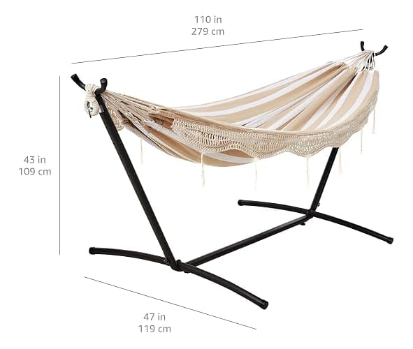 Amazon Basics Double Hammock with 9-Foot Space Saving Steel Stand and Carrying Case, 2 Person, 450 lb Capacity, Beige Stripe with Lace, 110" x 47" x 43" thumbnail 3