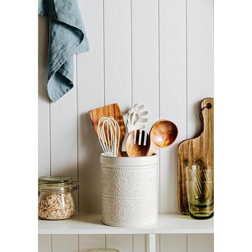 MIKIGEY Kitchen Utensil Holder, 7 Inches Large Ceramic Utensil Holder for Countertop, Lace Emboss Cooking Utensil Crocks for Kitchen, Home Decor, Off-White thumbnail 3