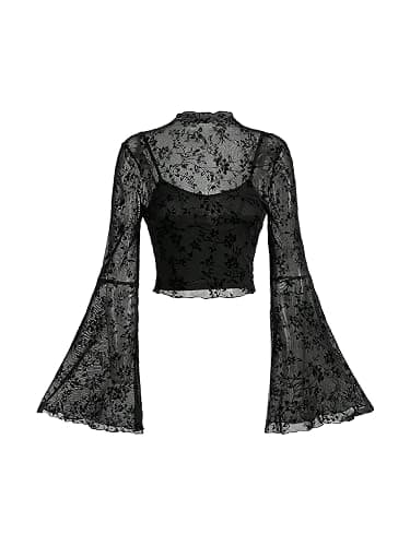 Verdusa Women's Gothic Clothes Y2K Mesh Long Bell Sleeve Crop Tops Country Concert Outfits Boho Tops thumbnail 2