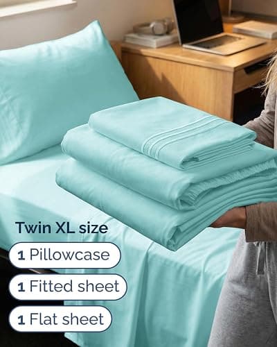 Twin XL 3 Piece Sheet Set - College Dorm Room Essentials - Spa Blue | Deep Pocket Bed Sheets for Women, Men, Teens & Students, Soft, Cooling, Breathable & Wrinkle Free, Oeko-Tex Bed Sheet Set thumbnail 4