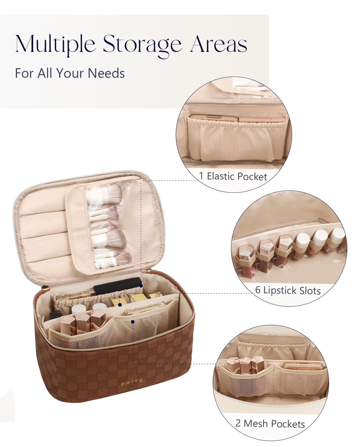 Prite Large Cosmetic Bag Women Travel Bag Cosmetic Bag Waterproof Leather Toiletry Bag Portable Makeup Organizer Pouch with Handle and Removable Divider, Brown Check, Classic thumbnail 2