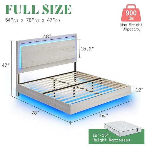 AMERLIFE Full Bed Frame, Farmhouse Floating Bed Frame with Recline Headboard, Platform Bed with LED Light, No Box Spring Needed/Noise Free, Distressed White thumbnail 2