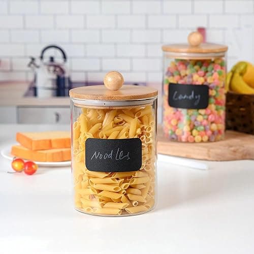 Le'raze 1 Gallon Glass Canister Set for Kitchen Counter with Airtight Bamboo Lids + Marker & Labels - of 2 Large Cookie Jars Wooden Lid, Food Storage Containers Pantry, Flour, Sugar, Pasta, Candy, thumbnail 7