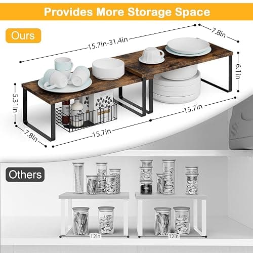 OGEMXU Cabinet Shelf Organizers, 15.7 inches Large Kitchen Counter Shelf, Set of 4 Wood Kitchen Pantry Organizer, Storage Shelves for Countertop, Spice Rack, Stackable, Expandable, Metal Black, Brown thumbnail 2