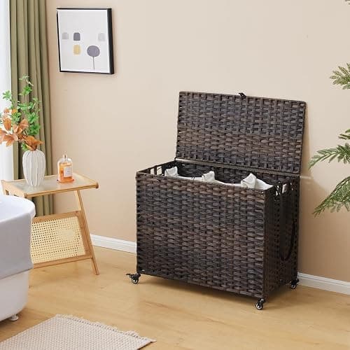 Laundry Hamper with Wheels, 52.8 Gallon(200L) Rolling Laundry Basket with Lid, 3-Section Rattan Clothes Hamper with 3 Removable Liner & 3 Mesh Bags, Laundry Sorter with Side Pocket, Brown thumbnail 4