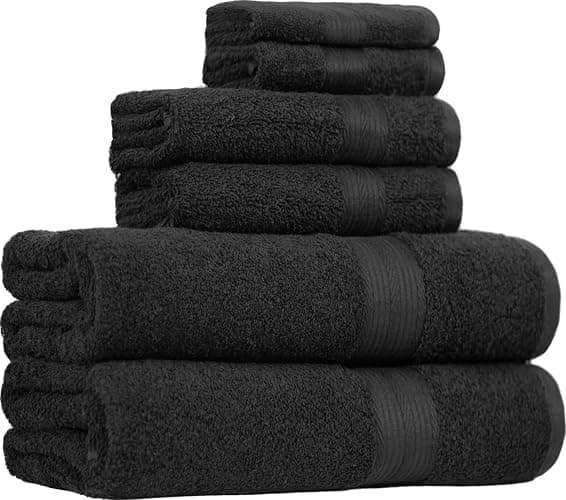 Amazon Basics 6-Piece Highly Absorbent Fade-Resistant Towel Set, 100% Cotton Towels for Bathroom, Soft, 2 Bath Towels, 2 Hand Towels, 2 Washcloths, Black - Image 1