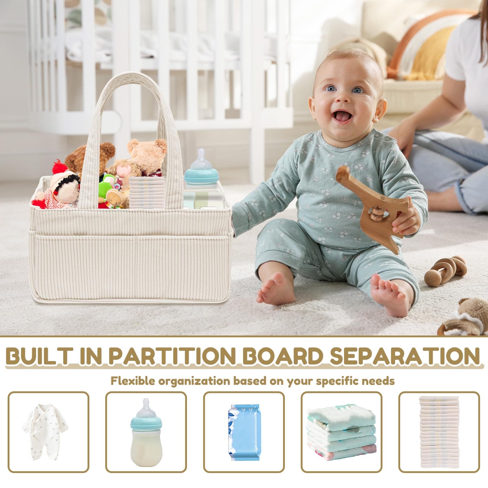 Baby Diaper Caddy Organizer Portable Soft Corduroy Diaper Storage Basket with Handle Nappy Caddy Storage Basket for Nursery Baby Shower Newborn thumbnail 5