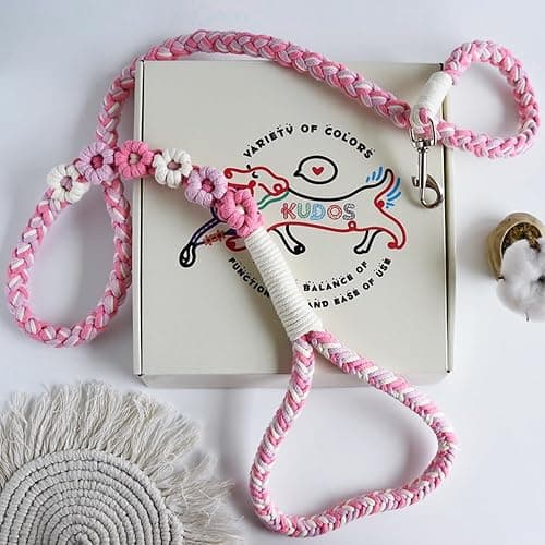 Handmade Braided Pink Cotton Dog Leash, 5ft | 5ft Handmade Braided Cotton Dog Leash, Pink Color, Floral Handle, Soft Grip, Durable for Daily Walks, Small to Large Dogs thumbnail 5