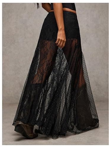 MakeMeChic Women's Lace Sheer Maxi Skirts Floral Split Thigh A Line Ruffle Boho Goth Long Skirts thumbnail 2
