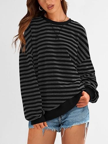 PRETTYGARDEN Womens Striped Oversized Sweatshirt Color Block Crew Neck Long Sleeve Casual Loose Pullover Top Y2K Clothes thumbnail 4