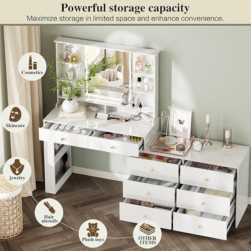 Ieejdn Makeup Vanity Desk with Mirror and Lights, Vanity Desk with 8 Drawers & Storage Shelves, Vanity Table with Power Outlet, 3 Color Modes & Adjustable Brightness Dressing Table, Bedroom,White thumbnail 3