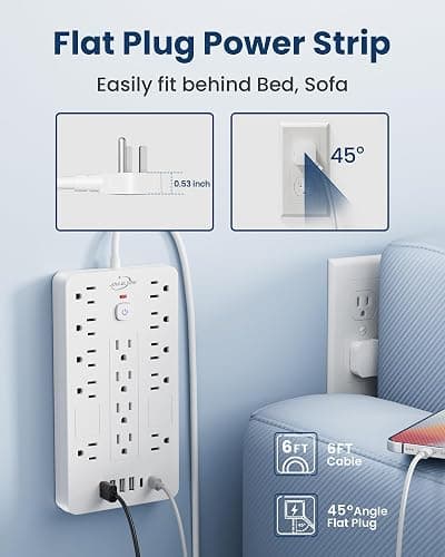JouleLoom Surge Protector Power Strip-14 Outlets and 6 USB Ports, 6 Feet Flat Plug Extension Cord, 1850 Joules, White, ETL Listed for Home, Office, Dorm Room thumbnail 5