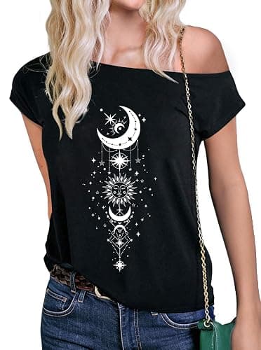 Remidoo Off The Shoulder Tops for Women Graphic Asymmetrical Gothic Shirt | Goth, Witchy clothes, Short Sleeve, Off Shoulder Tshirt, Loose Fit, Sexy, Hippie, Punk, Band, Rock, Concert, Summer, Vintage - Image 1