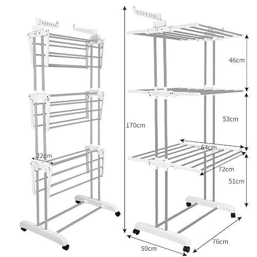Bigzzia Clothes Drying Rack, Folding Stainless Steel Drying Rack Clothing Indoor Outdoor, Space-Saving, 4 Tier Laundry Drying Rack with Two Side Wings -Grey White - Grey White - 4 Tier thumbnail 3