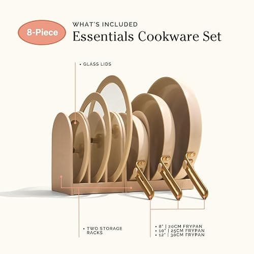 Our Place 8-Piece Essentials Complete Cookware Set - Ceramic Fry Pan Trio & Modular Rack Storage | Nontoxic Thermakind™ Nonstick, Oven Safe up to 450°F & Compatible with All Cooktops | Cream thumbnail 7