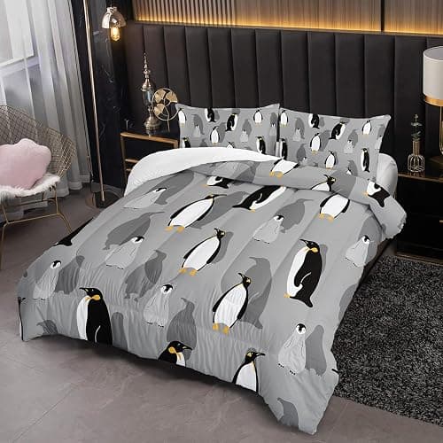 XYNHML Cartoon Penguin Comforter 3Pcs Queen Antarctic Wild Animal Bedding Set for Kid Teen Girl Boy Adult Grey White Black Cute Penguins Wild Safari Quilt Bed Decor with 1 Comforter and 2 Pillowcases thumbnail 4