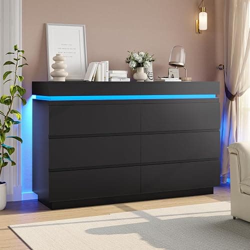 DICTAC Modern 6 Drawer Dresser with Sliding Desktop, Wide Chest of Drawers with Charging Station & LED Lights, Large Storage Tower Clothes Organizer, Black Dresser for Bedroom - Image 1