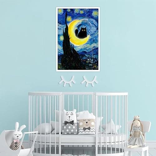 Funny Starry Night Cat Poster Cute Abstract Animal Canvas Wall Art Black Cat On The Moon Whimsical Aesthetic Prints Painting For Living Room Bedroom Gallery Wall Decor 12x16in Unframed thumbnail 6