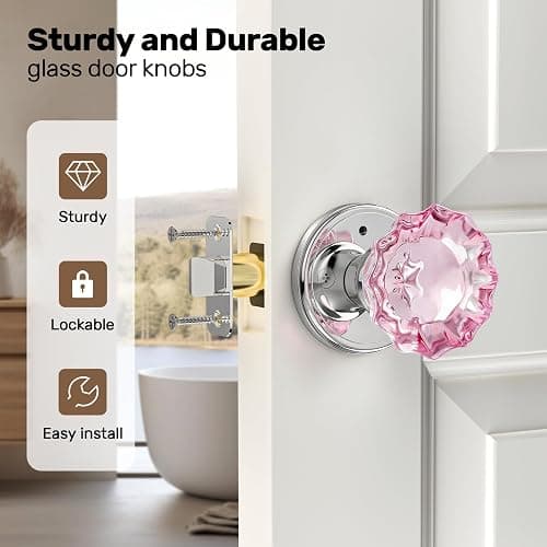 SHINY HANDLES Pink Glass Door Knobs Interior with Lock, Crystal Door Knob | Interior Rose Shape Polished Chrome Privacy Door Knob for Bedroom and Bathroom thumbnail 6