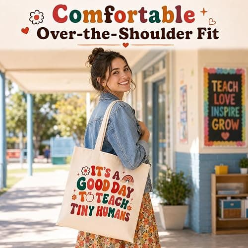 JIOIGFTSY Teacher Canvas Totes Bag Teacher Appreciation Gifts for Women | Teacher tote bags with “It’s a Good Day to Teach Tiny Humans” print; canvas tote bag for women, school, work, and daily use thumbnail 2
