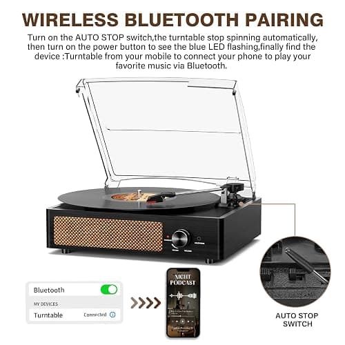 Record Player for Vinyl with 2 Build-in Speakers LP Vinyl Players Belt-Driven Vintage Turntables 3 Speed 3 Size, Wireless Bluetooth Playback, AUX-in, RCA Out, Headphone, Auto Stop thumbnail 3