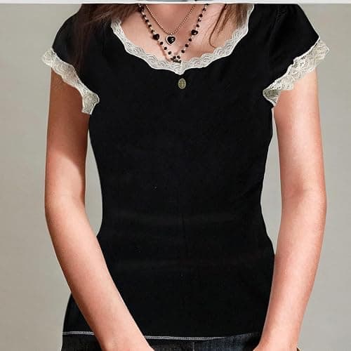 Womens E-Girls Short Sleeve T-Shirt Y2k Lace Trim Crop Tops Crewneck Fairy Grunge Tee Tops Aesthetic Summer Clothes - Small - Black thumbnail 5