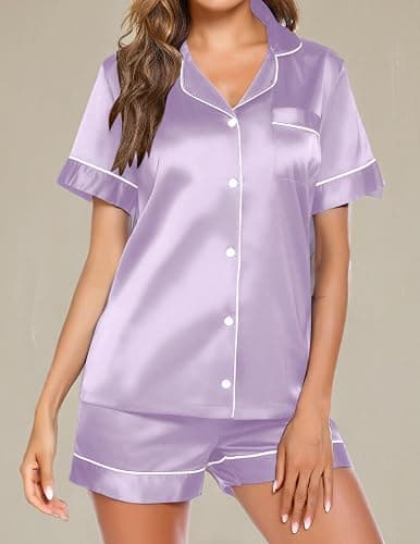 Ekouaer Pajamas for Women Set Silk Satin Pjs Button Down Sleepwear Summer Loungewear Top and Shorts Lounge Set S-XXL thumbnail 6