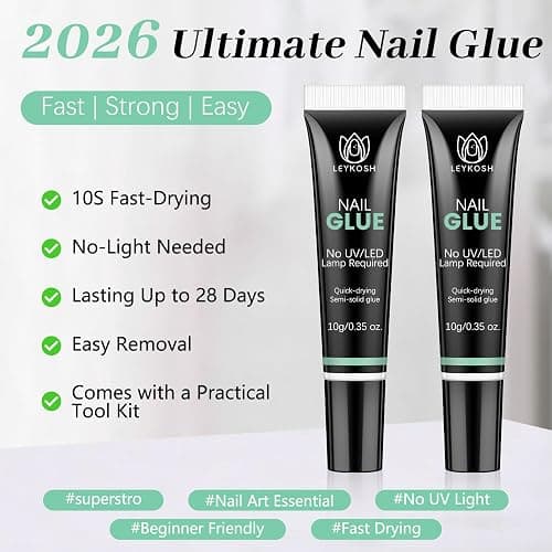 Nail Glue for Press Ons, 10s Fast-Drying No U V Light Needed - Upgrade Super Strong Semi Solid Gel Nail Glue Last Up to 28+ Days & Easy to Remove, 10g*2 High Capacity for Fake & Acrylic Nail Tips thumbnail 2
