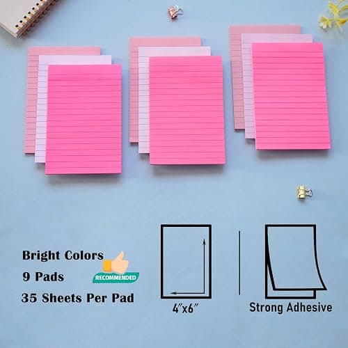 9 Pack Lined Sticky Notes 4X6 in Post Sticky Notes with Lines, Large Ruled Post Sticky Colorful Super Sticking Power Memo Pads Strong Adhesive (Pink Themed) thumbnail 3