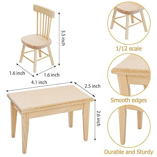 Nicunom Dollhouse Dining Room Furniture Set, 1/12 Scale Miniature Table and 4 Chairs, Wooden Doll House Accessories thumbnail 3