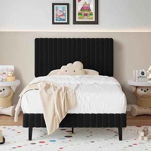Lullabyre Twin Bed Frame Velvet Upholstered Platform Bed with Adjustable Vertical Channel Tufted Headboard and Footboard, No Box Spring Required, Easy Assembly, Black - Image 1