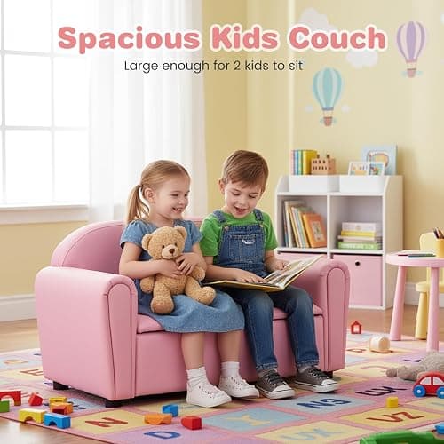 Costzon Kids Couch, 2 in 1 Double Seat Children's Sofa w/Under Seat Storage, PU Leather Surface, Toddler Armrest Chair, Kids Room, Soft Children Pink Sofa with Storage for Preschool Baby Girls Gifts thumbnail 4