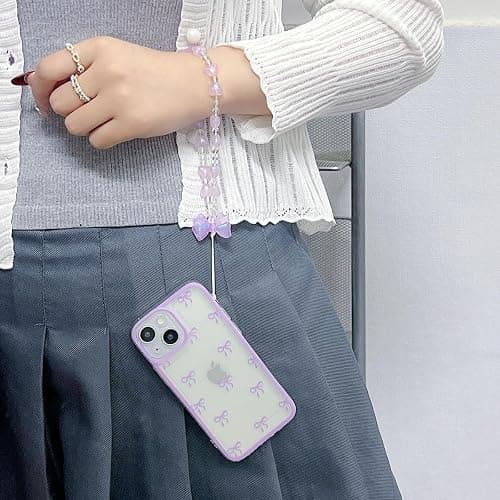 RRFNNF Cute Bowknot Case for iPhone 12, Ribbon Bow Case with Bling Bracelet Chain, Clear Aesthetic Stylish Slim Soft Durable Pretty TPU Protective Cover for Women Girls, Purple thumbnail 3