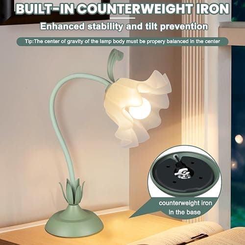Flower Desk Lamp,LED Reading Light Bedside Vintage Flower Night Light,3 Colors Modes Cute Bedside Lamps Decor,Living Room Bedroom Room Kawaii Lighting Table Lamps Home Decoration (Green) thumbnail 4
