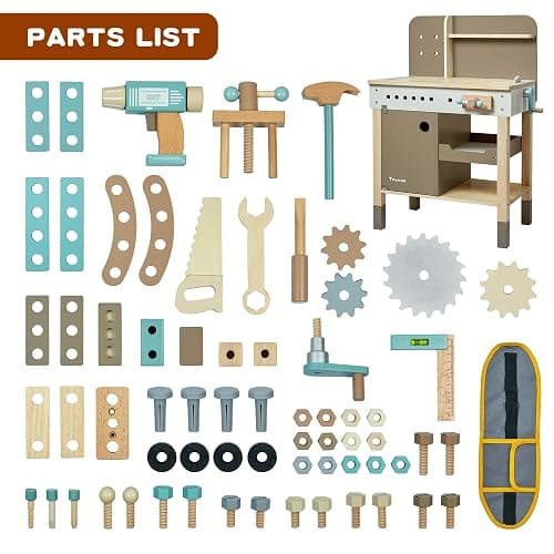 Kids Tool Set,Wooden Tools Bench with Apron Toddler Toy Workbench with Realistic Tools Electric Drill STEM Construction Toy Gifts for Age 3-9 Boys Girls thumbnail 7