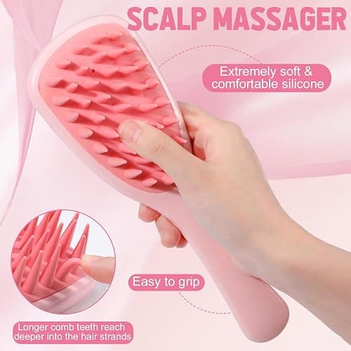 auroray 16 Pcs Pink Hair Brush Set for Women Girls - Scalp Scrubber with Handle, Detangle Hair Brush, Spray Bottle, Edge Bristles Wide Tooth Brushes Rat Tail Comb for Travel Home Use Hair Stuff thumbnail 3