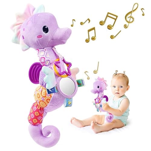 Sumobaby Infant Baby Musical Stuffed Animal Activity Soft Toys with Multi-Sensory Crinkle, Rattle and Textures, for Tummy Time Newborn 0-3-6-12 Months Girls,Seahorses - Purple with Baby Mirror - Image 1