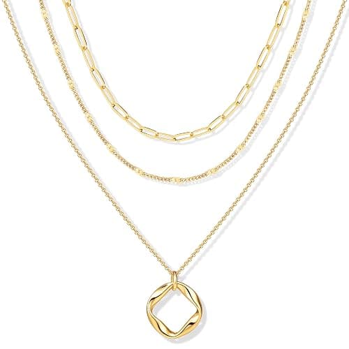 Poxtex Layered Gold Necklaces for Women, Stackable Dainty 14K Gold Silver Plated Trendy Simple Heart Diamond Cross Bow Circle Pendant Paperclip Choker Dot Chain Necklace,Jewelry Set Gifts for Women - Image 1