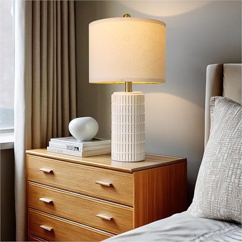 PoKat 20.75" Small Modern Ceramic Table Lamps Set of 2 for Bedroom, White Bedside Lamps for Night Stands, Farmhouse Desk Decor Gift Nightstand Table Lamps for Living Room End Table Beige thumbnail 5