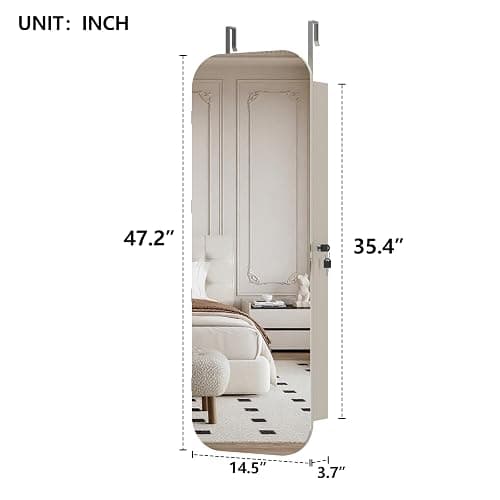 Noeko Jewelry Cabinet Wall/Door Mounted, Jewelry Armoire Organizer, 3.7 x 14.5 x 47.2 Inches Lockable Storage Cabinet, Interior Lighted Mirror, Gift Idea, White thumbnail 3