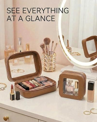LETGO Clear Makeup Bag Organizer Set, Travel Toiletry Bag Cosmetic Case for Women, Portable Make up Skincare Pouch Car Organizer Bag with Zippers for Essentials (2Pack-Standard & Square, Brown) thumbnail 3