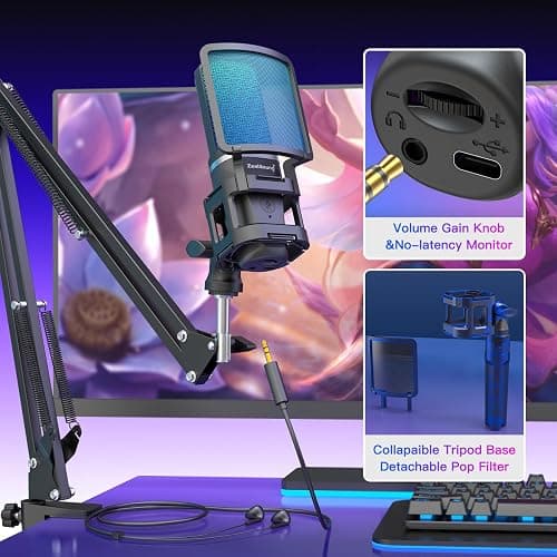 Gaming USB Microphone for PC Phone,ZealSound Noise Cancellation Condenser Mic Kit,RGB,Boom Arm Stand &Tripod,Quick Mute,Gain,Pop Filter for Computer,PS 4&5,Mac,Streaming,Podcast,Twitch,YouTube,Discord - Black thumbnail 5