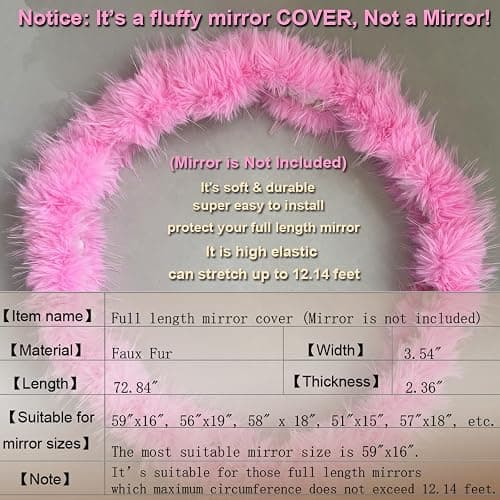 UYRIE Fluffy Mirror Cover - 59"x16" Full Length Stretch Universal Ultra Soft Non-Slip Cover Warm Home Decor for Bedroom Cloakroom (Pink-Without Mirror, Suitable for 59"×16") thumbnail 3