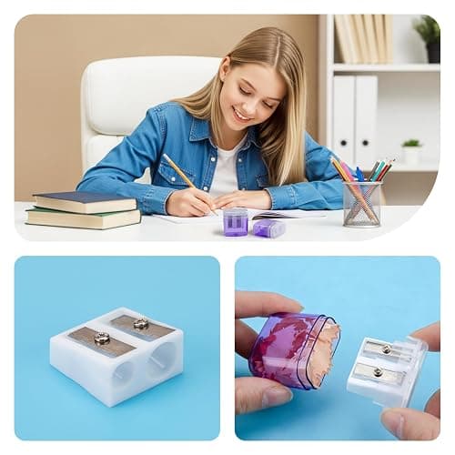 JEFURE Pencil Sharpeners 4Pcs, Manual Pencil Sharpener with Container, Dual Holes Sharpener with Lid for Kids, Students, Adults, School, Home and Office, Purple thumbnail 4