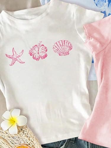RoseSeek Girl's 3 Packs Graphic Tees Vacation Hibiscus Top Crewneck Short Sleeve Cute Summer T Shirt thumbnail 2