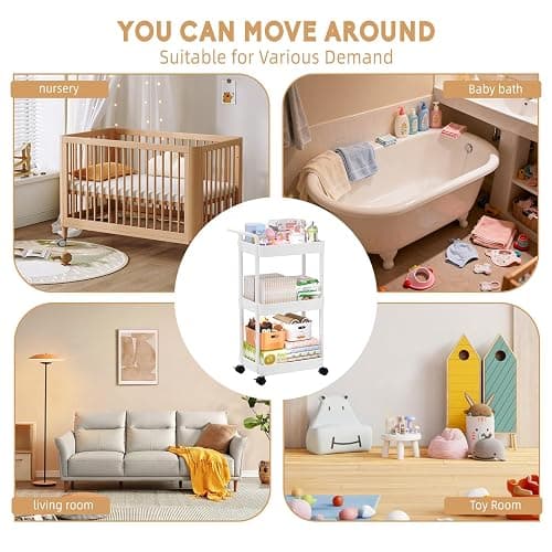 Volnamal Diaper Caddy, 3 Tier Rolling Cart for Baby Essentials, Off-White | Movable & Easy Assemble Cart for Newborn Nursery Essentials, Diaper Storage Organizer for Changing Table&Crib, Baby Registry thumbnail 5